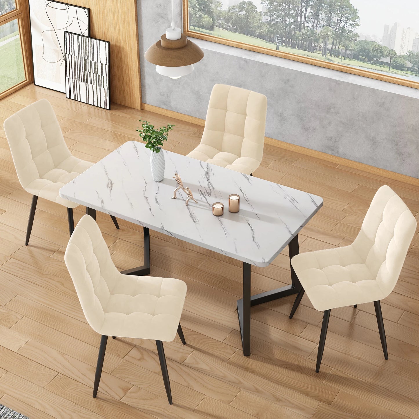 VSOGA 117cm dining table with 4 chairs, rectangular dining table, modern kitchen table set, beige velvet dining chairs, black table legs