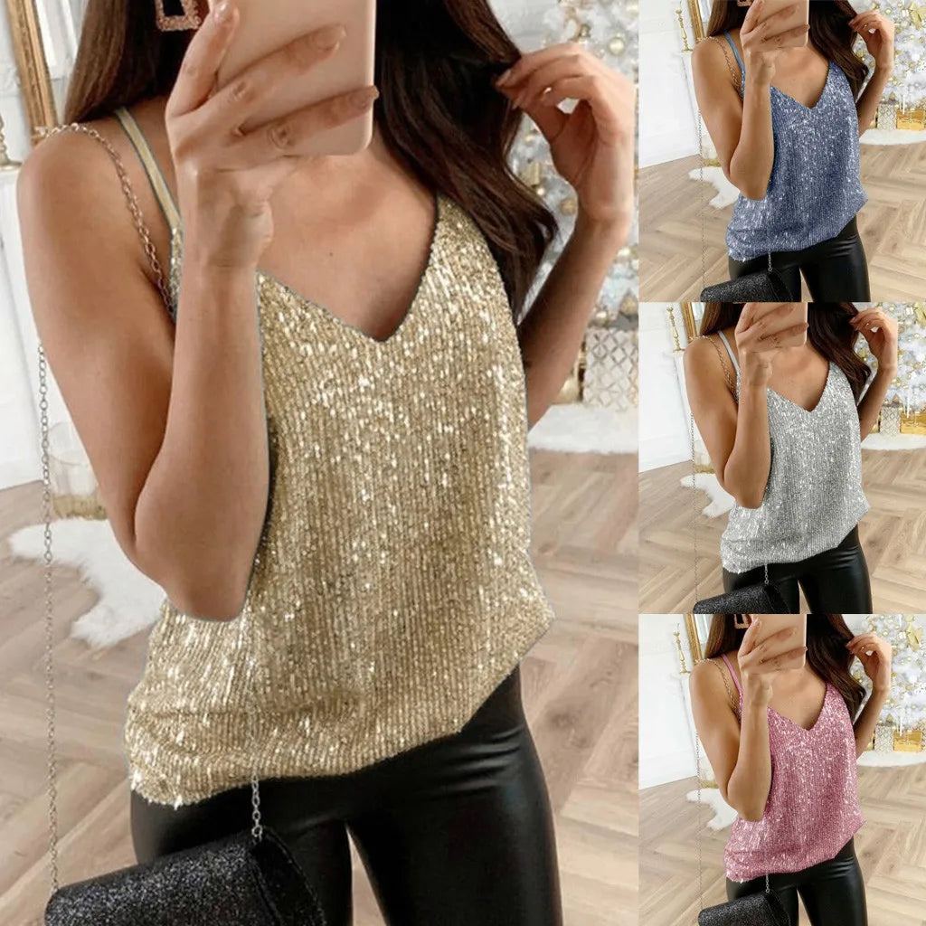 Women’s Solid Color V-Neck Tank Tops Ladies Glitter Strappy Sexy Cami Swing Vest Clubwear Fashion Canottiera Donna Estiva