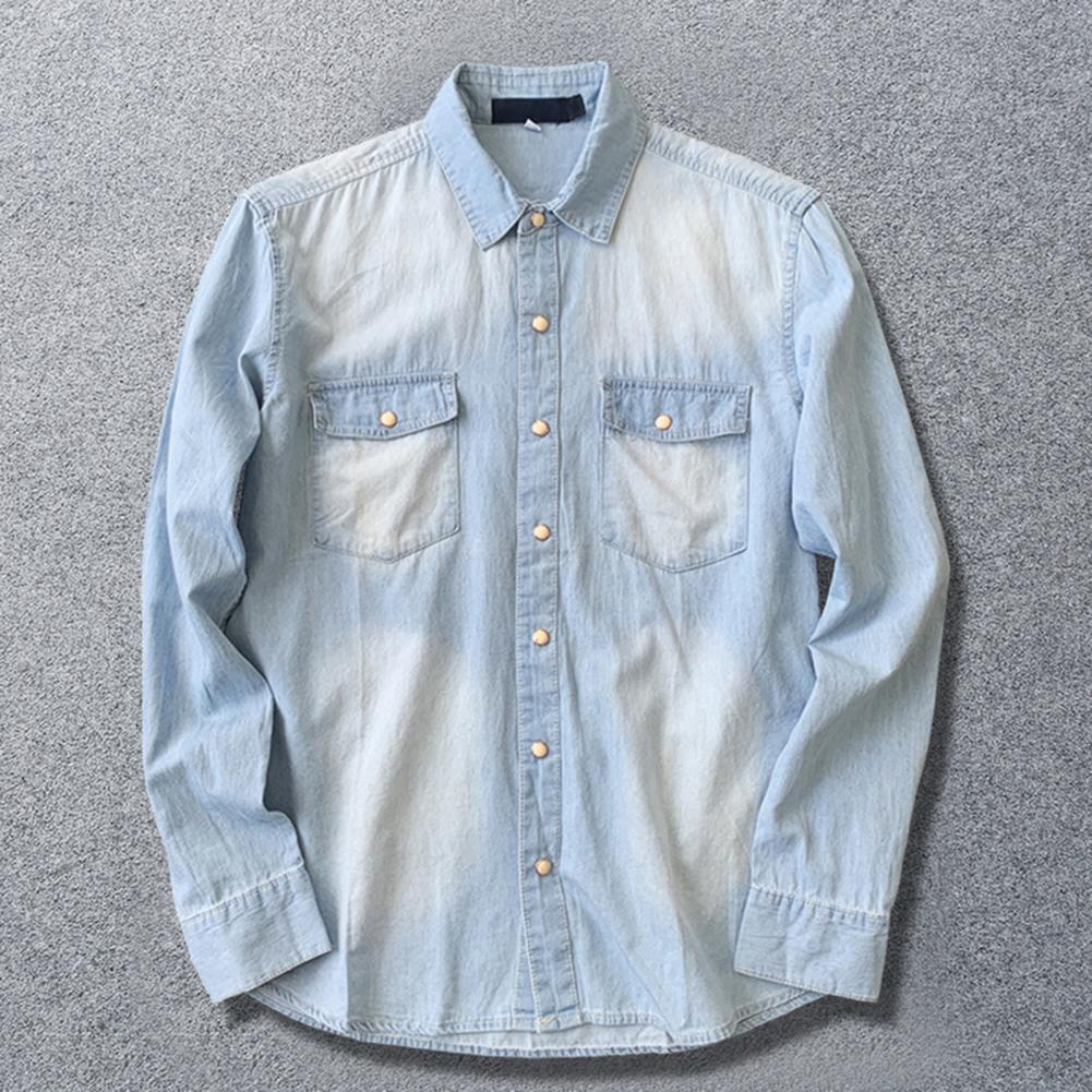 Men's Long-sleeved Solid Denim Shirt Fashion Classic Retro Denim Pocket Decoration Business Shirt Spring And Autumn Tops