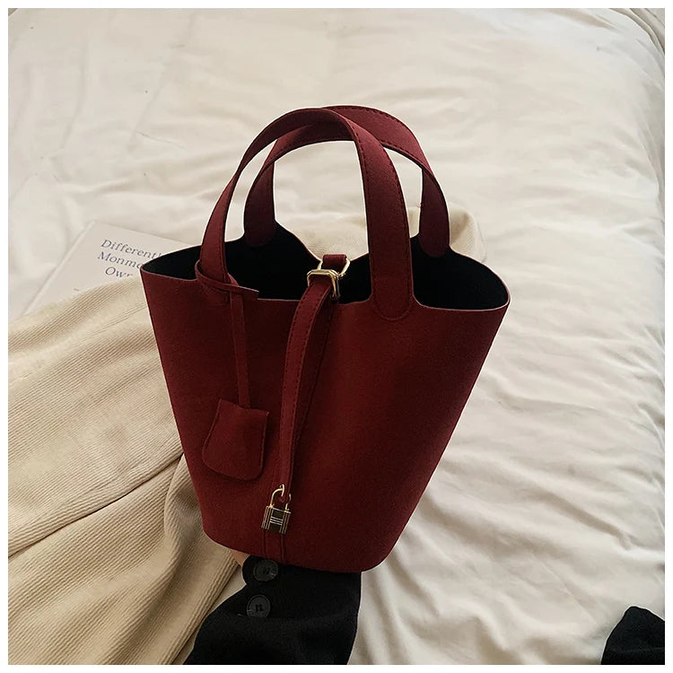 Basket Bag for Women 2024 Autumn and Winter New Frosted Bucket Bag Handbag Casual Red Wedding Bag