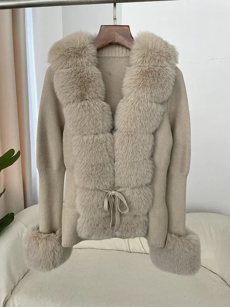 Fall Winter Women Faux Fur Coat Luxury Patchwork Knitted Sweater Bandage Fur Cardigan Detachable Collar Jackets Faux Fur Coats