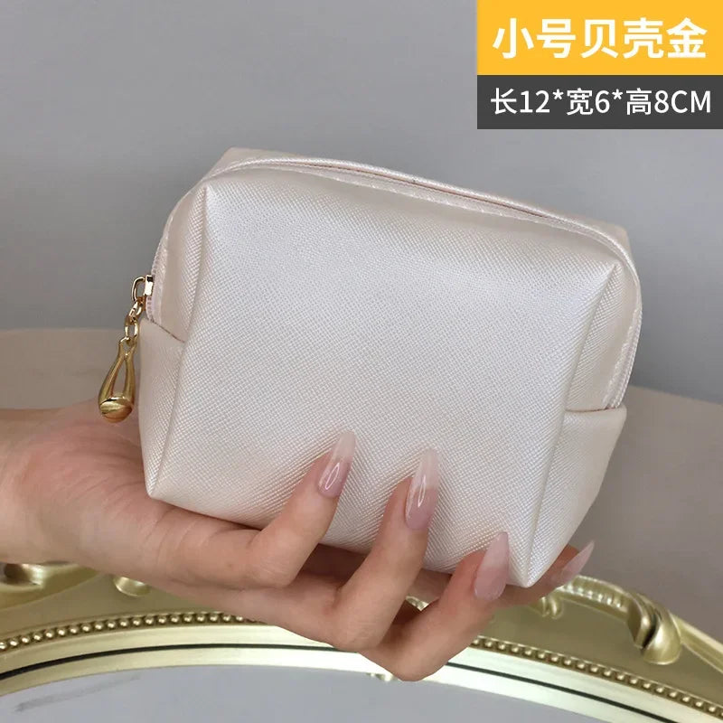 Women Cosmetic Bag Waterproof PU Leather Solid Color Small Makeup Pouch Travel Wash Toiletry Storage Bag Organizer Purse 2023