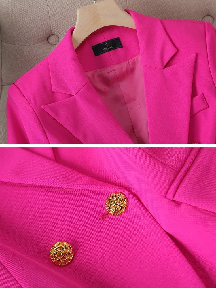 Button Decoration Formal Jacket Blazer and Trouser 2 Piece Set Fashion Pink Green Black Ladies Work Wear Pant Suit Women