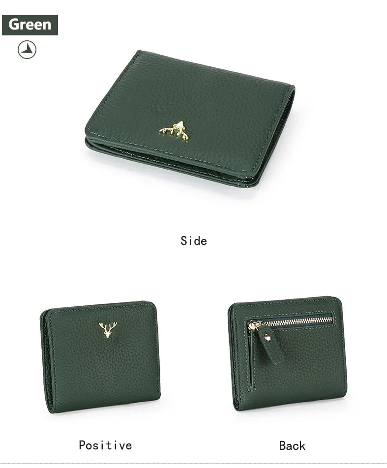 Cowhide Women's Purses Short Thin Small Wallet Chic Christmas Deer Button Ladies Genuine Leather Card Holder Wallet Coin Purse