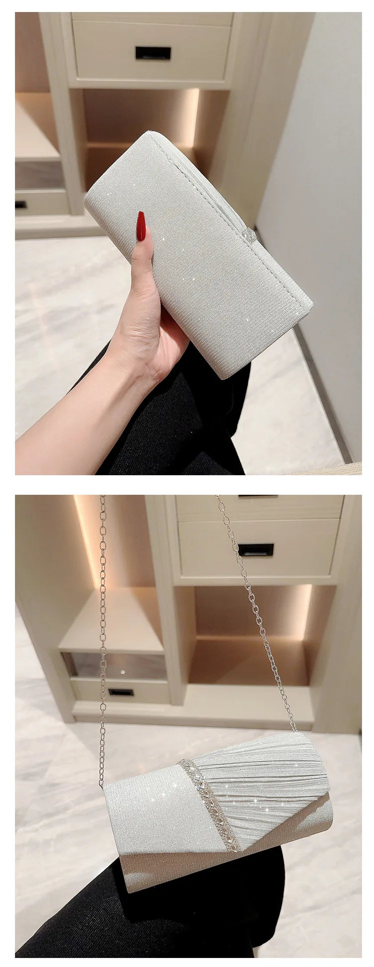 Ladies Glitter Silver Clutch Bag Envelope Evening Bag Fashion Elegant Long Purse Women Chain Shoulder Bags Wedding Party Handbag