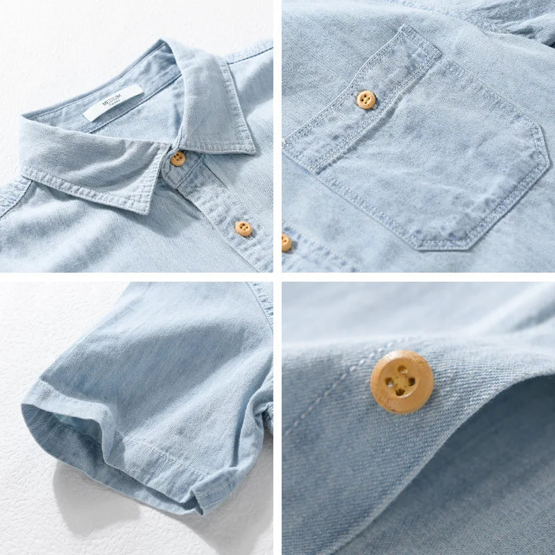 Light and Thin Summer Short-sleeved Denim Shirt for Men, Casual and Breathable, Sweat-wicking, Suitable for Daily Commuting.