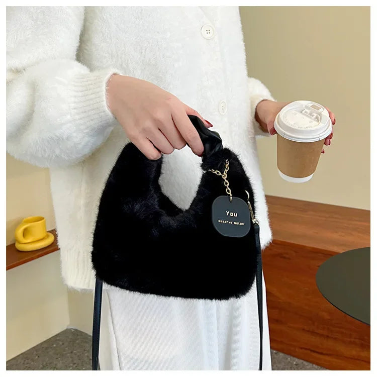 New Fashion Women Lady Shoulder Underarm Bag Solid Color Soft Plush Handbag Fluffy Totes Purse Autumn Winter Shopping Bag