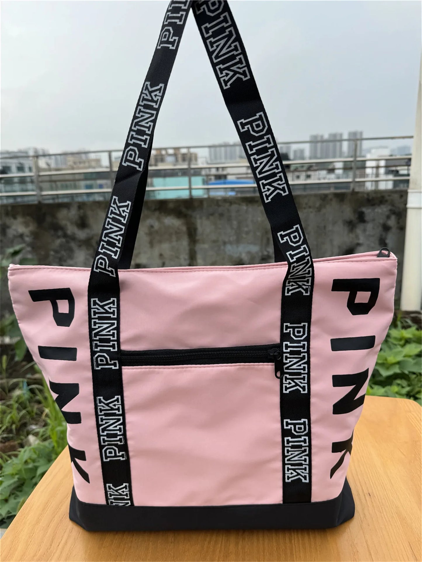 Sports Fitness Tote Bag Nylon Fabric Bags Women Handbag Pink Letter Graphic Tote Handbags Woman Shoulder Bags Casual