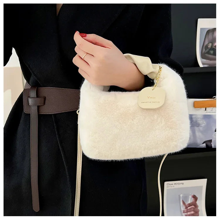 New Fashion Women Lady Shoulder Underarm Bag Solid Color Soft Plush Handbag Fluffy Totes Purse Autumn Winter Shopping Bag