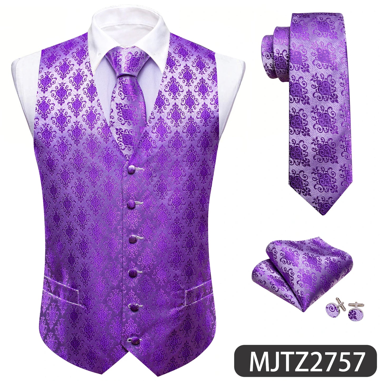 Lilac Purple Violet Lavender Silk Men Vest Tie Hanky Cufflinks Set Woven Waistcoat Sleeveless Jacket Wedding Business Barry.Wang