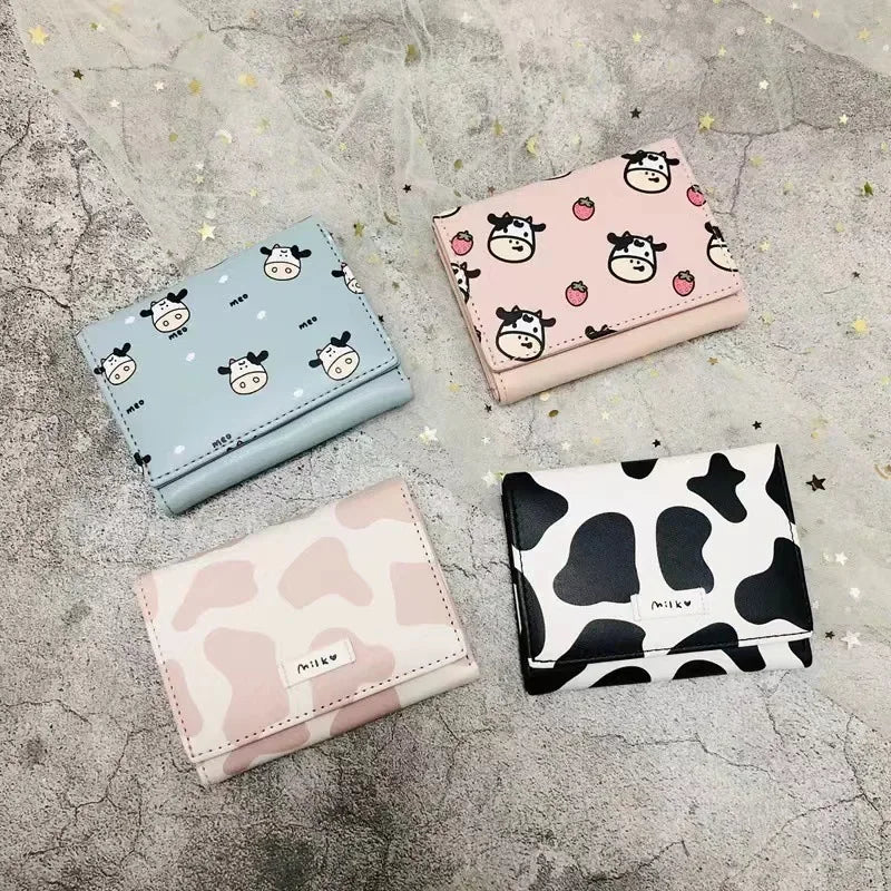 Women New Fashion Wallet Pu Leather Cartoon Cow Cattle Short Ladies Multi-card Slot Coin Purses Student Cute Triple Fold Wallet