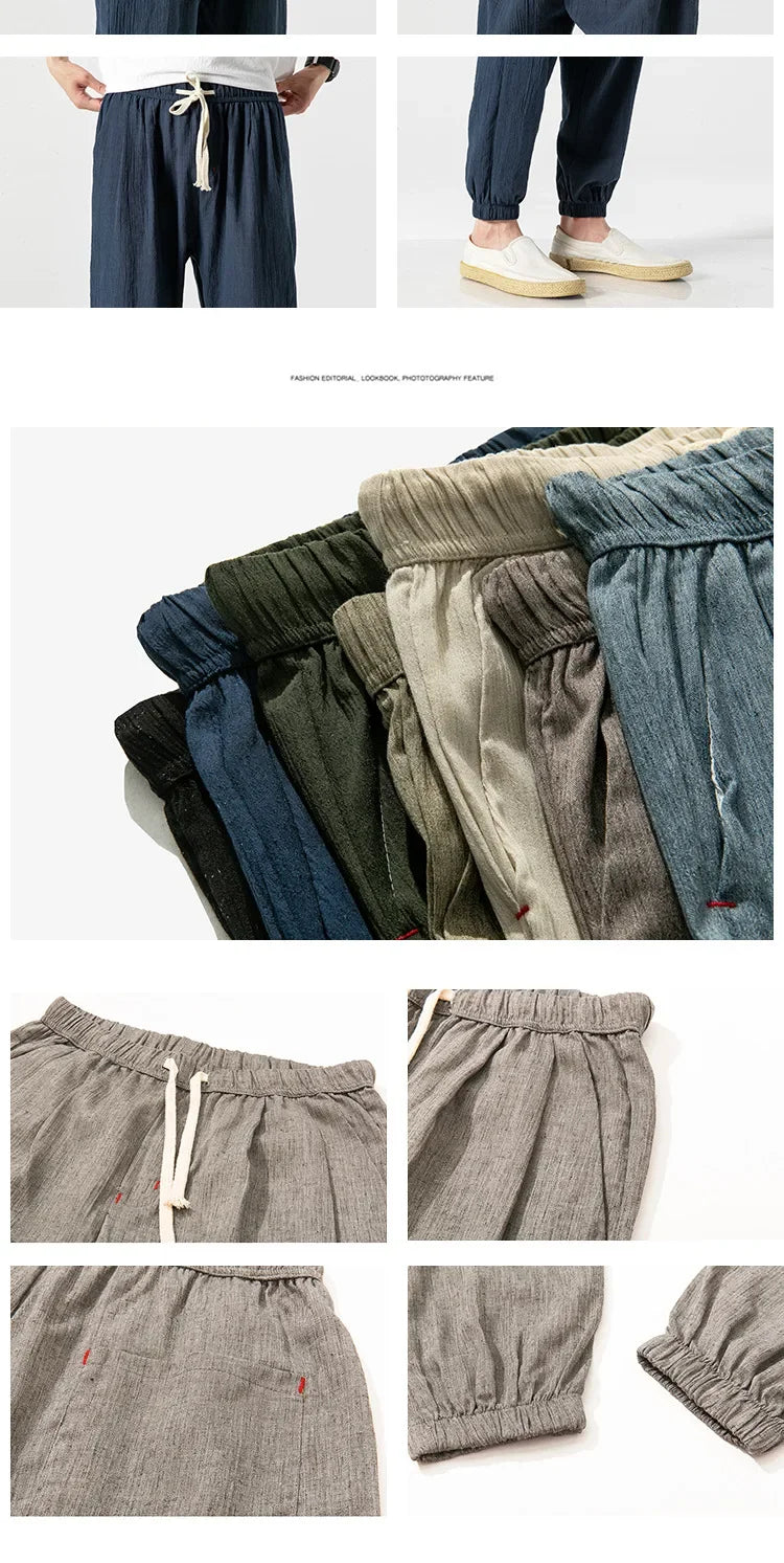 2024 Men's Cotton and Linen Harem Pants Leggings Japanese Casual Pants Chinese Style Bloomers Men's Linen Pants