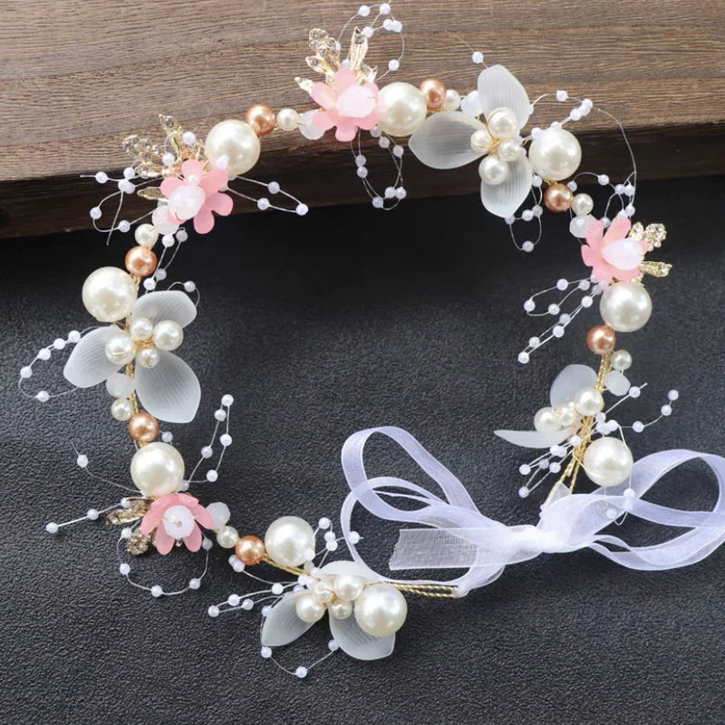 2023 Bride Wedding Hair Accessorie Pearl Flower Headband Girls Crystal Floral Crown Garland Head Hoop Headpiece Hair Jewelry