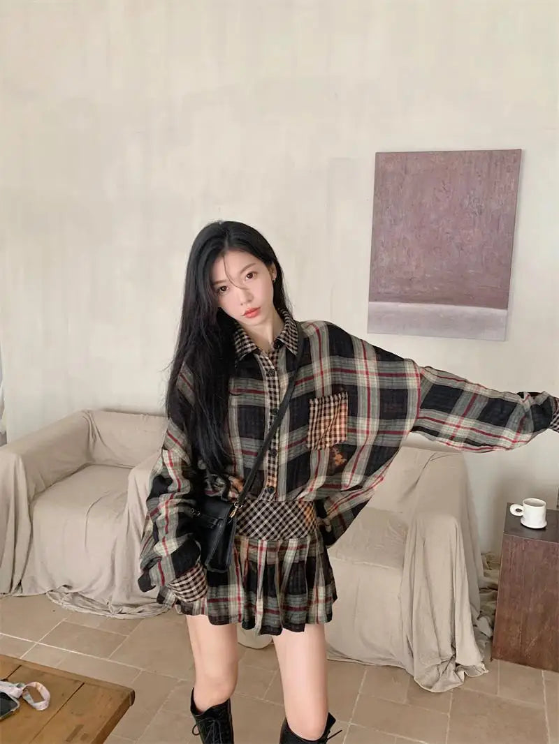 Onalippa Contrast Plaid Two Piece Sets Womens Outfits Turn Down Collar Casual Blouse Korean Chic Waist Belt Mini Pleated Skirts