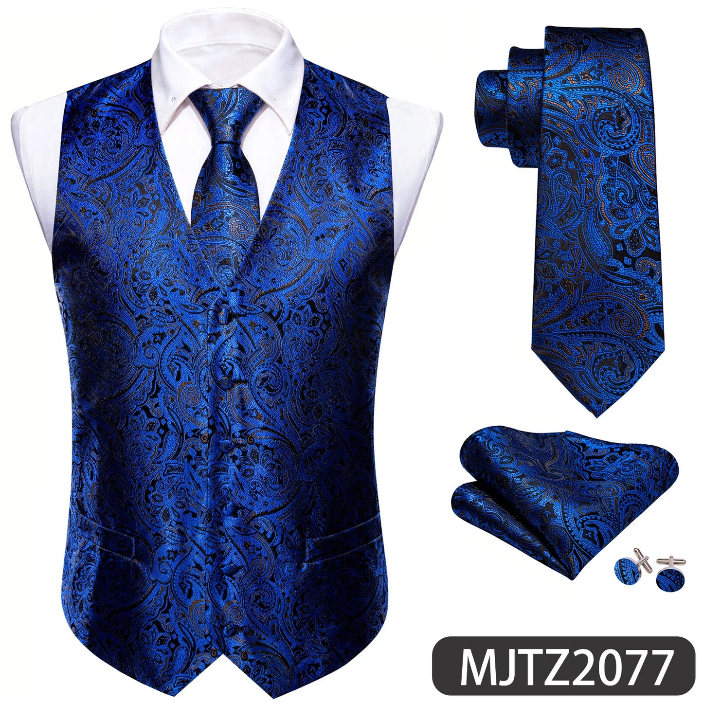 Sky Navy Royal Teal Blue Silk Men Vest Tie Hanky Cufflink Set Woven Waistcoat Sleeveless Jacket Male Wedding Business Barry.Wang