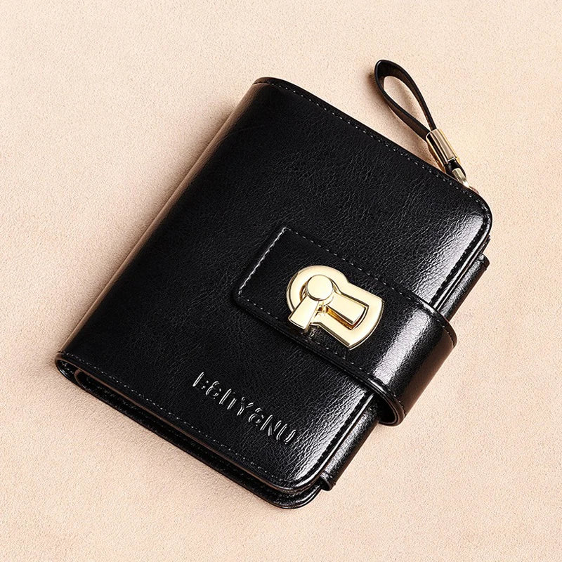 Genuine Leather Women Short Wallet Tri Fold RFID Blocking ID Card Holder Zipper Coin Purse Large Capacity Small Female Purses