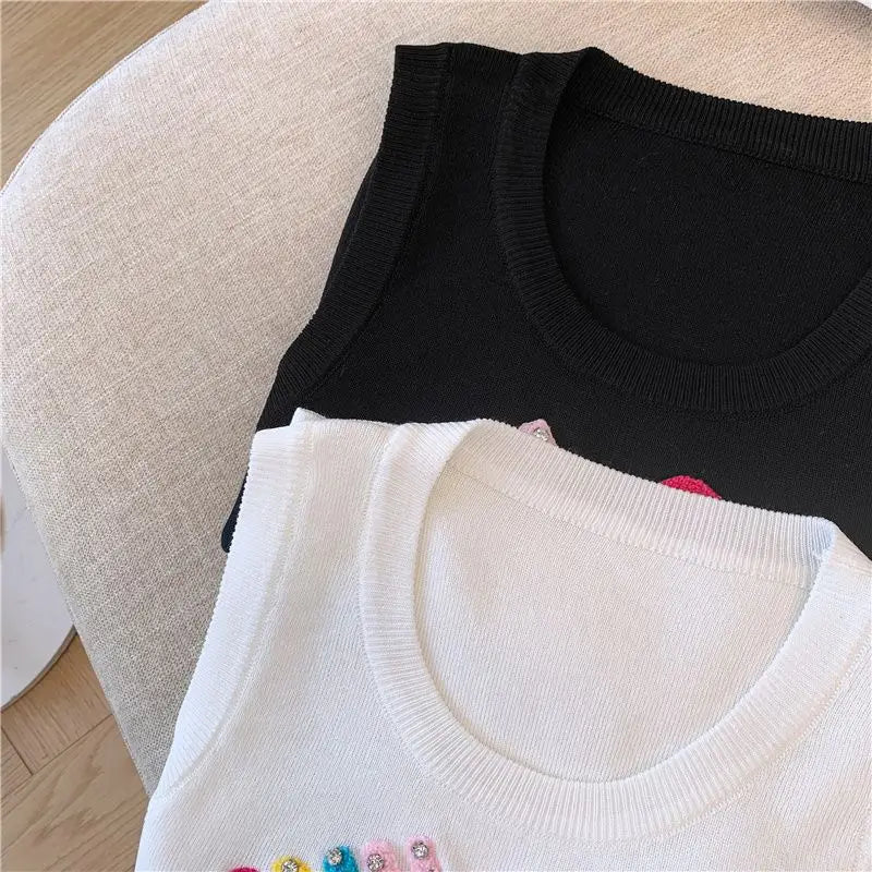 Summer All-match Slim-fitting Hot Girl Thin Sexy Sleeveless Pure Seductive Rhinestone-embellished Letter Knitted Camisole Top