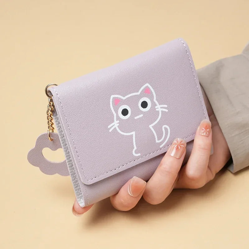 New Women Fashion Wallet Cute Cartoon Cat Girl Credit Card Coin Holder Money Short Purses PU Leather Large Capacity Ladies Purse