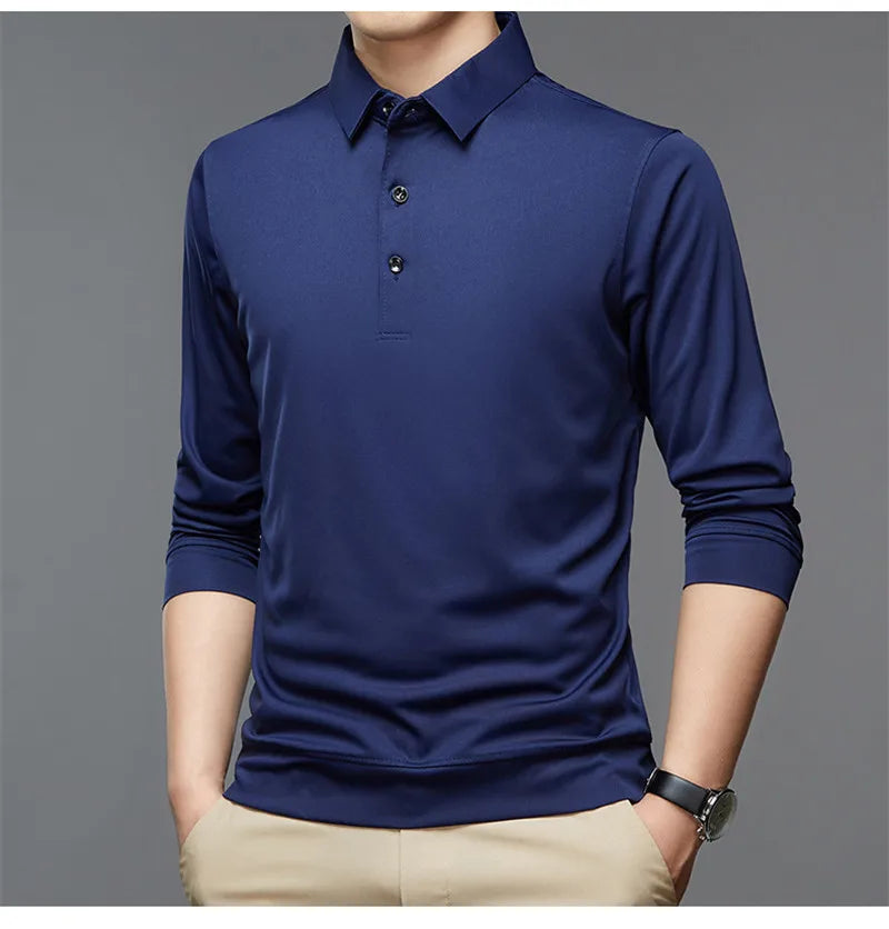 Fashion Men New Business Solid Polo Shirts Spring Autumn Thin Long Sleeve Button Lapel Male Clothing Loose Casual T-Shirt Tops