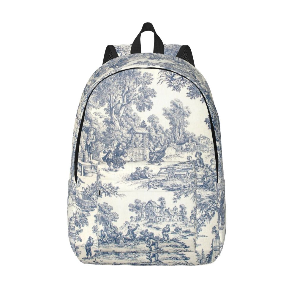 Personalized Navy Blue Toile De Jouy Canvas Backpacks Men Women Basic Bookbag for School College French Countryside Floral Bags