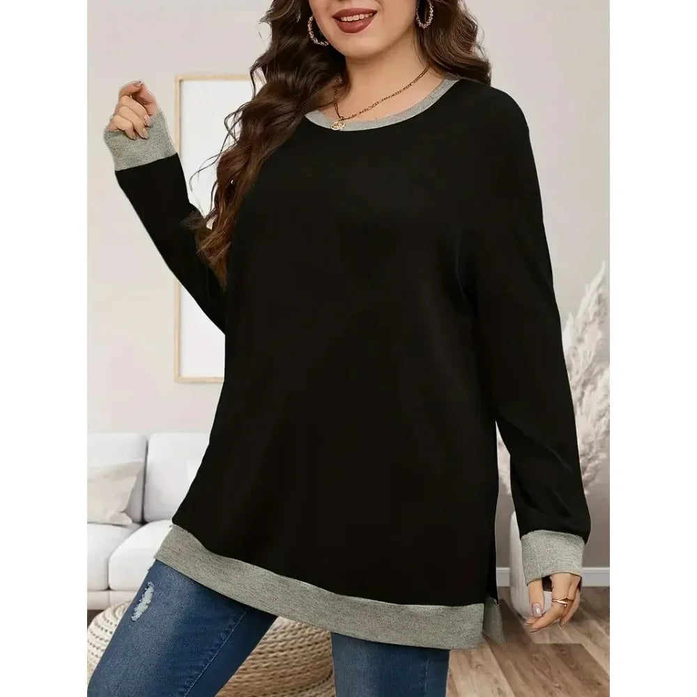 Women's XL-5XL Plus  Size Casual Color Blocking Long-sleeved T-shirt Pullover Fashion Crew-neck Sweatshirt Top