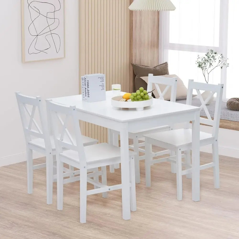 Pine Wood Dining Table with 4 Chairs Set for Dining Room, Kitchen, Living Room