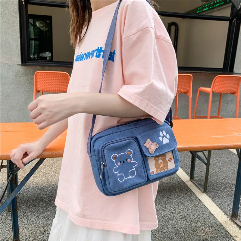 Canvas Small Bag Japanese ins Women Shoulder Bag Cute Funny Personality Embroidery Bear Girl Student Transparent Messenger Bag