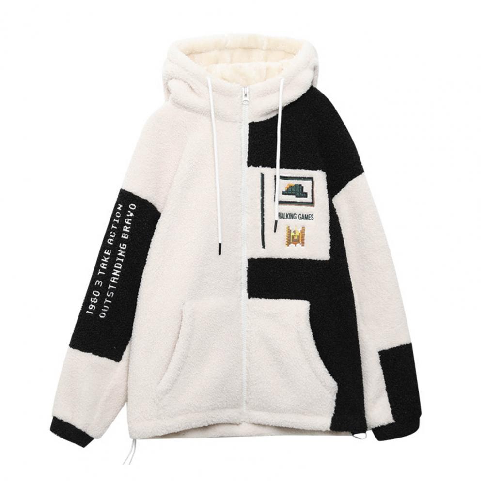 Zipper Closure Lady Coat Women Lightweight Jacket Cozy Hooded Colorblock Jacket Plush Embroidered Stylish Winter Coat for Women