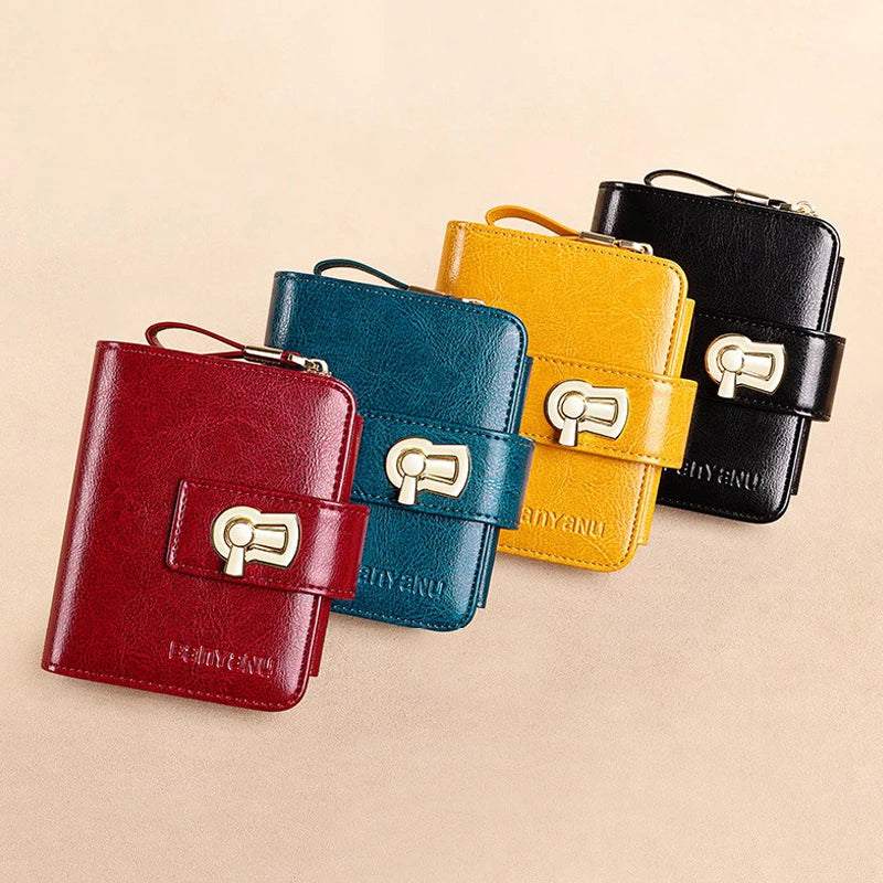 Genuine Leather Women Short Wallet Tri Fold RFID Blocking ID Card Holder Zipper Coin Purse Large Capacity Small Female Purses