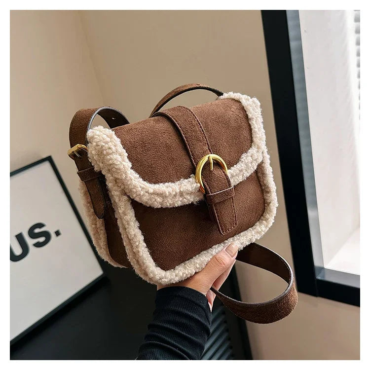 Women's Shoulder Bag Suede and Faux Fur Patchwork Retro Lock Crossbody Bag Small Flap Handbag Brand Designer Tote Bags Handbag