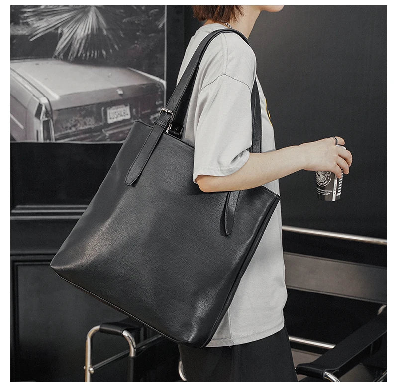 Soft Leather Tote Bag for Men Japanese Korea Style Business Casual Street Handbag Male Large Capacity Zipper Laptop Underam Bags