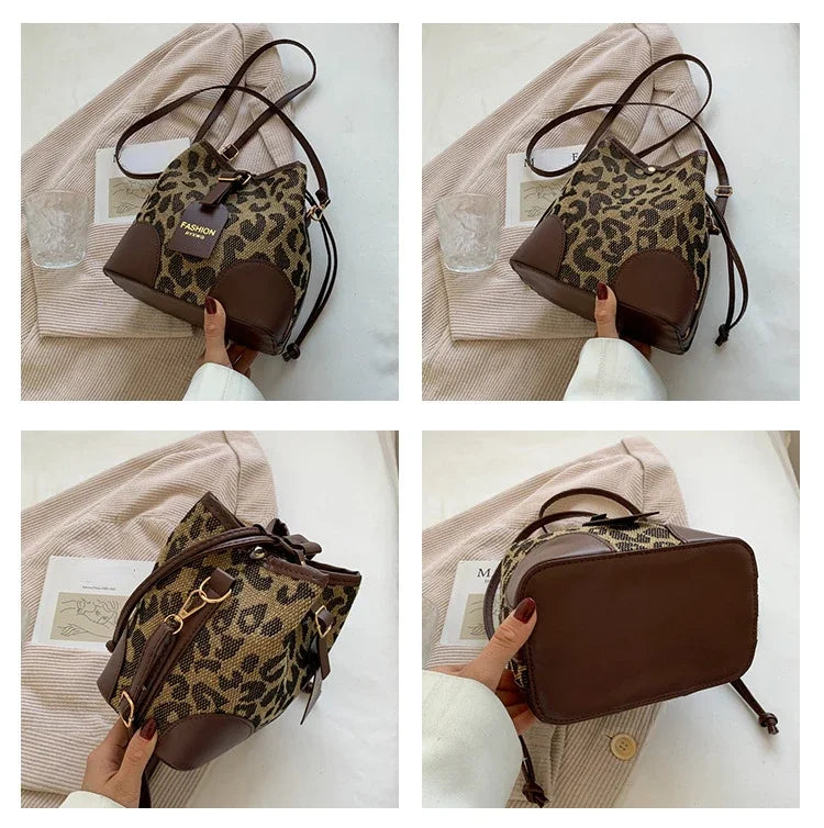 Leopard Small PU Leather Women Bucket Crossbody Bags 2024 Fall Designer Shoulder Bag Luxury Brand Ladies Handbag Lady Trend Tote