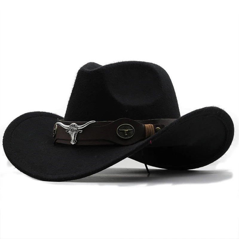 Western Cowboy Hat Roll Brim Cowgirl Cap Cowboy Jazz Fedora Hats Felt Cap with Cow Band for Women Men Children