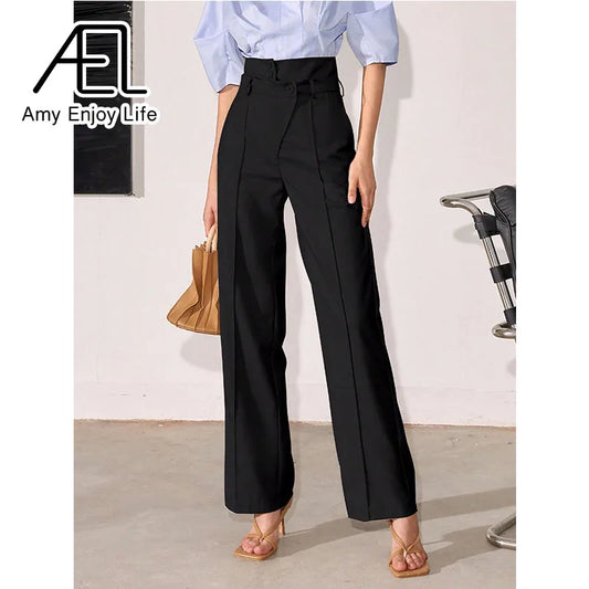 AEL Women's Suit Pants High Waisted Wide-leg Loose Suit Trousers Straight Cylinder Temperament Women Slacks Solid Office Pant