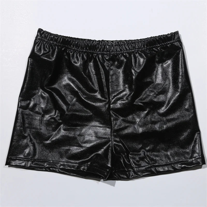 Women Silver Metallic Yoga Shorts Rave Booty Shorts Mid Waist Cheer Shorts PU Shiny Yoga Shorts Femme