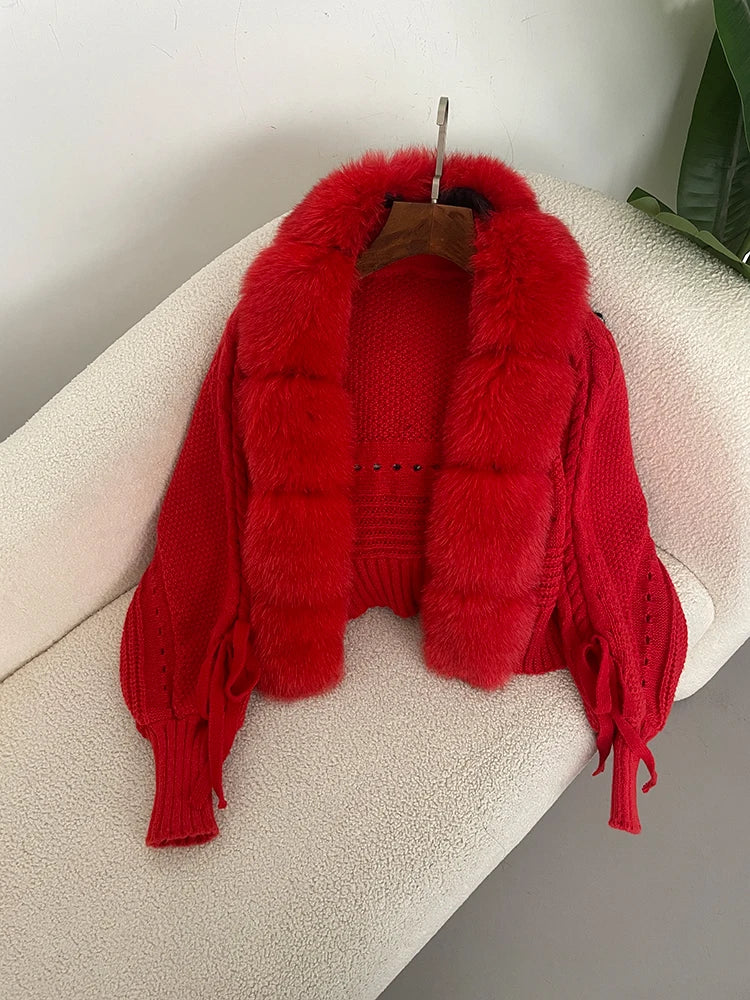 New Knitting Cardigan 2024 Winter Women Knitted Jacket with Natural Fur Placket Coat Casual Real Fox Fur New Fashion Short Warm