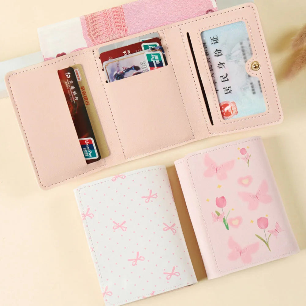 Cute Flower Bow Wallet Women Sweet Pink Three Fold Purse Card Holder for Girl Portable Travel Cash Coin Pouch Photo Card Bag