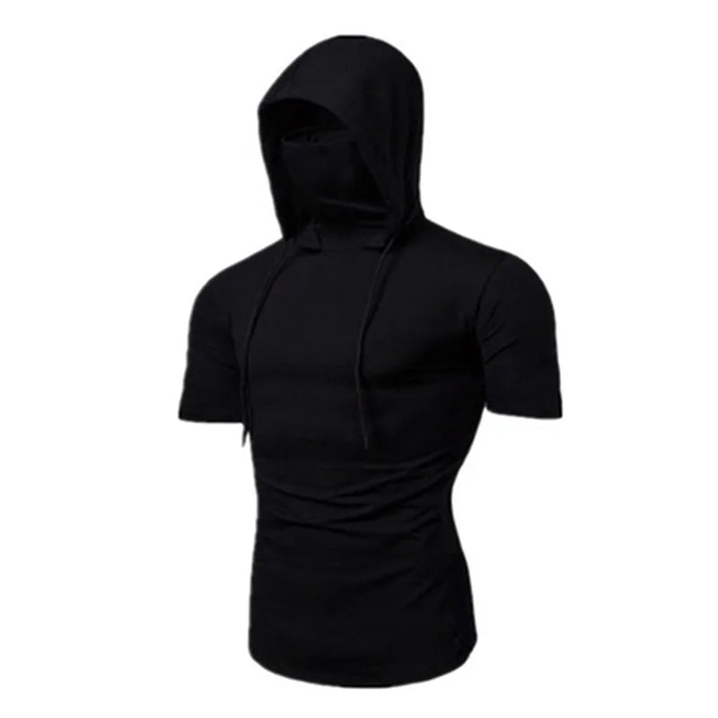 Sweat à capuche fin à manches courtes pour homme avec masque Sweat-shirt décontracté à épissure Grand masque Sweat-shirt à capuche Hauts à capuche Cyclisme