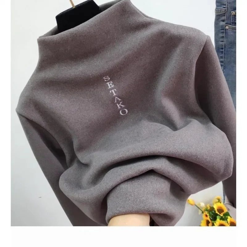 Long Sleeve Sanding T-shirt Thickened Stylish Letter Embroidery Half Polo/turtle Neck Base Layer Top Women Autumn Winter Arrival