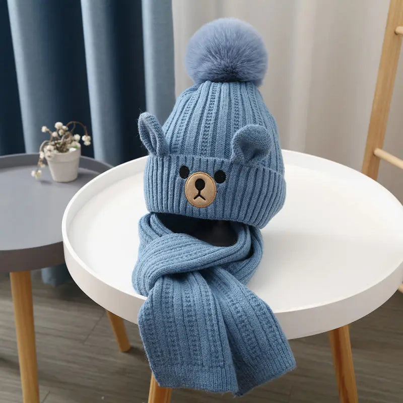 Children Hat and Scarf Set Baby Knitted Hat with Velvet for Warmth Winter Hats for Girl Cute Baby Caps for Boys Шапка Детская