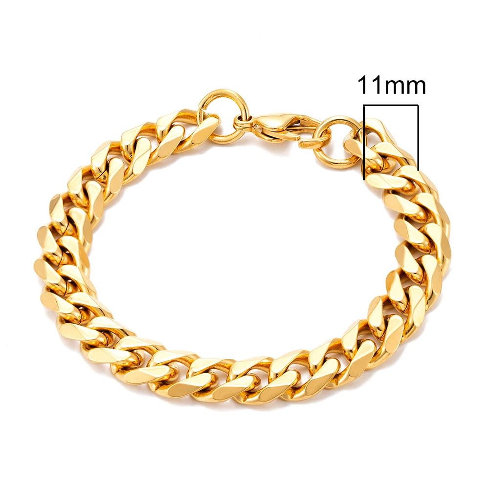 MKENDN Bracelet à maillons cubains délicats en acier inoxydable plaqué or de 3 à 11 mm pour homme et femme