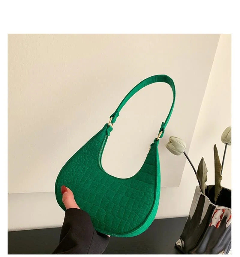 Retro Women Shoulder Bag Handbag Pure Felt Fashion Leisure Underarm Bag Crescent Saddle Bag For Ladies Advanced Armpit Bag