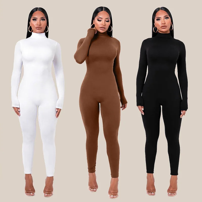 Winter Warm Women's Jumpsuit Autumn New Fashion High Collar Long Sleeve High Waist Pants Women Office Elegant Slim Jumpsuit