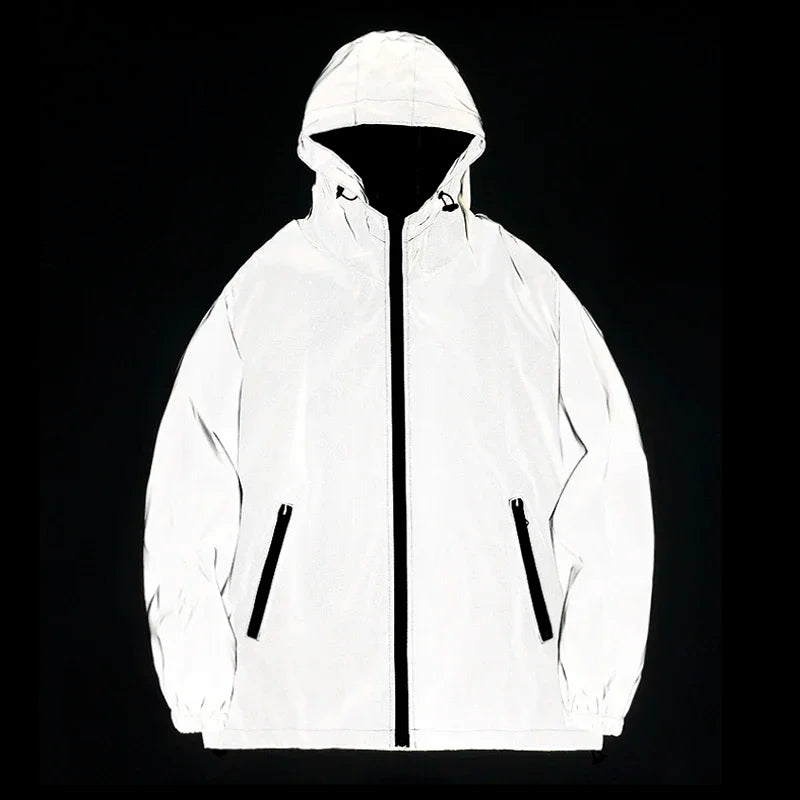 New Men's Night Reflective Jackets Windbreaker Double Fabric Hooded Jacket Hip Hop Personalized Dancer Waterproof Zipper Coats