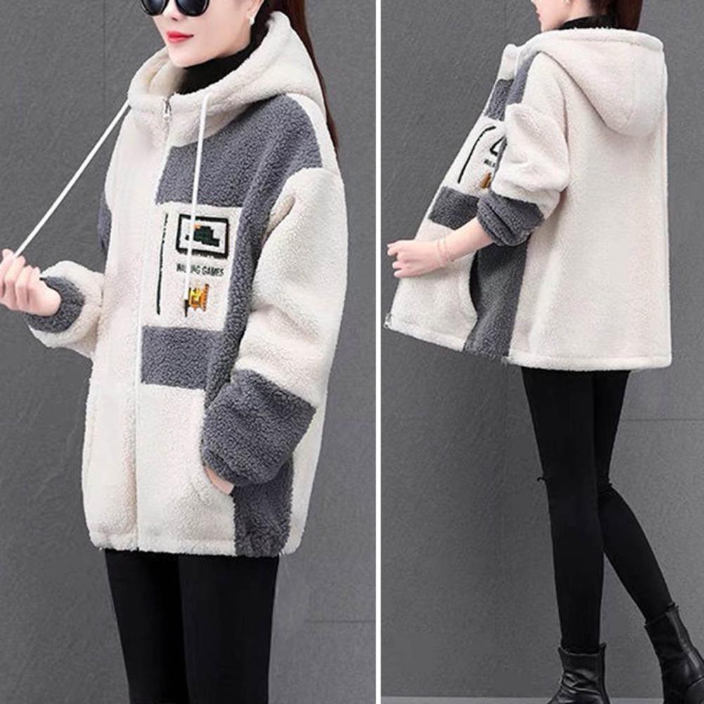 Zipper Closure Lady Coat Women Lightweight Jacket Cozy Hooded Colorblock Jacket Plush Embroidered Stylish Winter Coat for Women