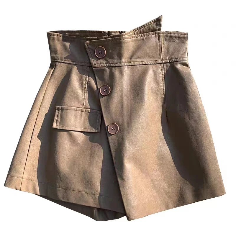 High Waist Asymmetric Vintage Womens Leather Shorts Skirts With Button 2024 Autumn Winter Fake Two Pieces Pu Short Pants