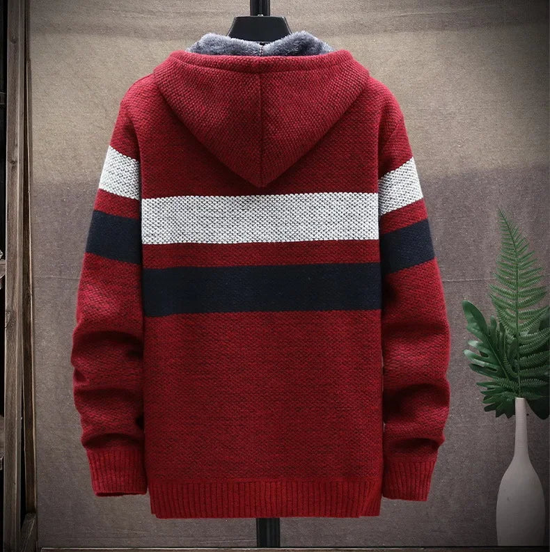 Customized Striped Mens Sweater Coat Thick Fleece Warm Zipper Wool Hooded Cardigan Jumpers Men Long Sleeve Knitted Sweaters