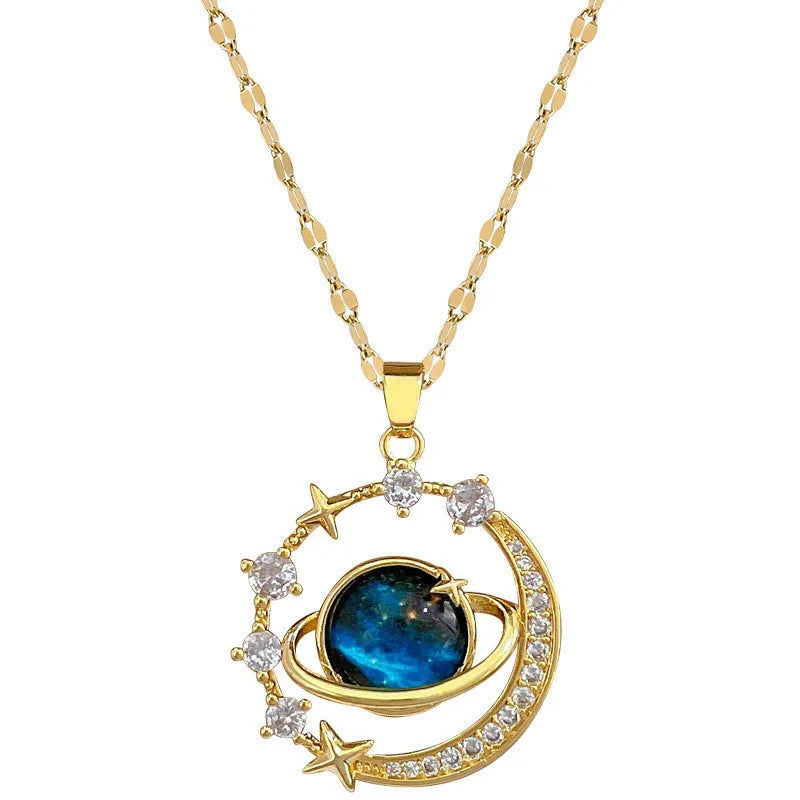 Collier pendentif planète lune en zircon incrusté de luxe pour femme en acier titane papillon goutte d'eau chaîne de clavicule bijoux de charme