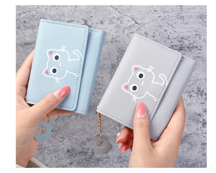 2023 New Women's Wallet Cute Cat Short Wallet Leather Small Coin Purse Girls Money Bag Card Holder Ladies Female Hasp Wallet