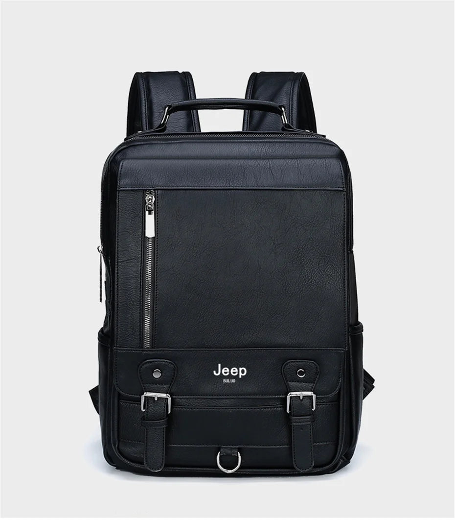 JEEP BULUO Fashion Leather Men Backpack Business Male 15.6" Laptop Bag Daypacks Large Capacity Travel College School Bag